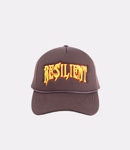 dark brown trucker hats made from 100% cotton foam and have an adjustable snap-closure