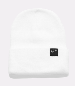 white beanie hat made of breathable acrylic knit that provides warmth and delivers a unisex fit, includes an adjustable cuff